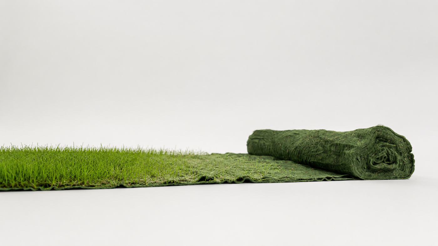 Turbo Trava — seeded turf in a roll, partly unrolled on a lawn